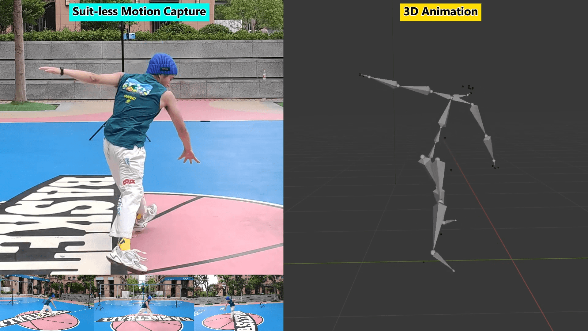 Suit-less motion capture: a dancer on a basketball court next to the 3D skeleton reconstructed from video